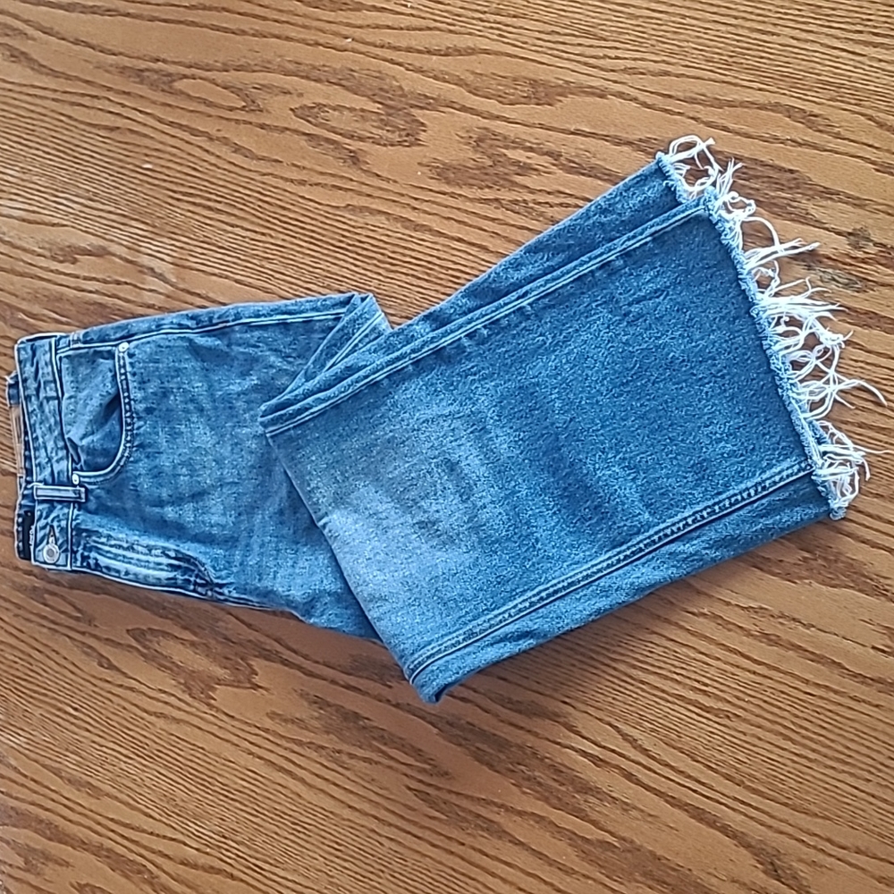 Frank & Oak Blue Denim Wide-Leg Jeans with Frayed Hem